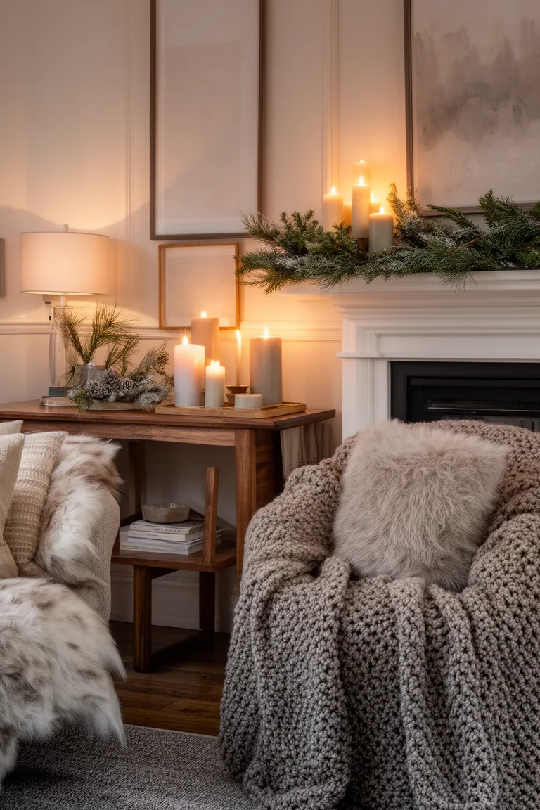 Cozy console mantel at dusk with candles and winter greenery