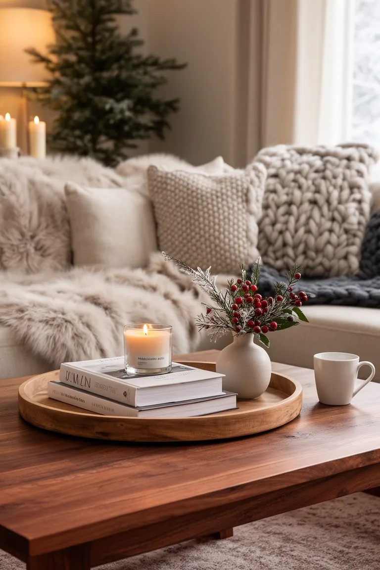 Curated coffee table with wood tray, books, candle and winter berries