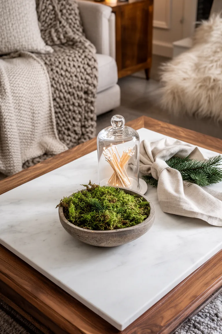 Overhead closeup of coffee table with moss bowl, match cloche and linen