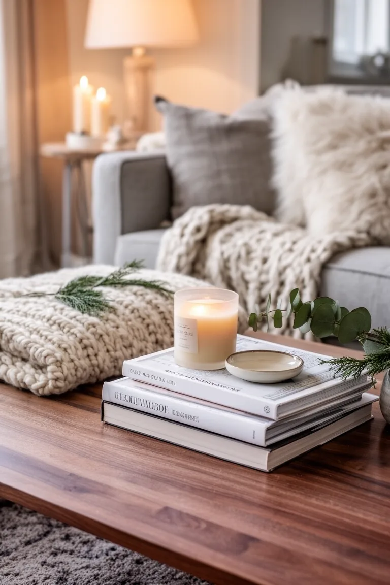 Cozy coffee table with stacked books, ceramic dish, candle and eucalyptus