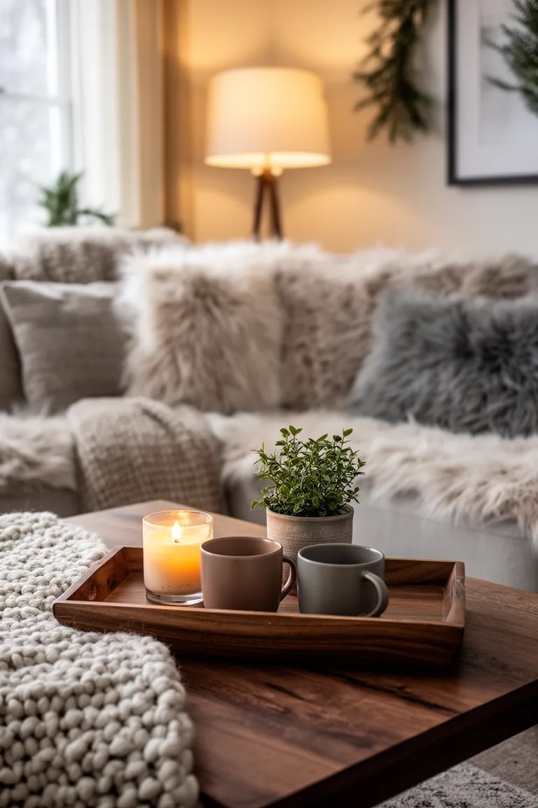 Calm coffee table with wood tray, mugs, candle and potted herb