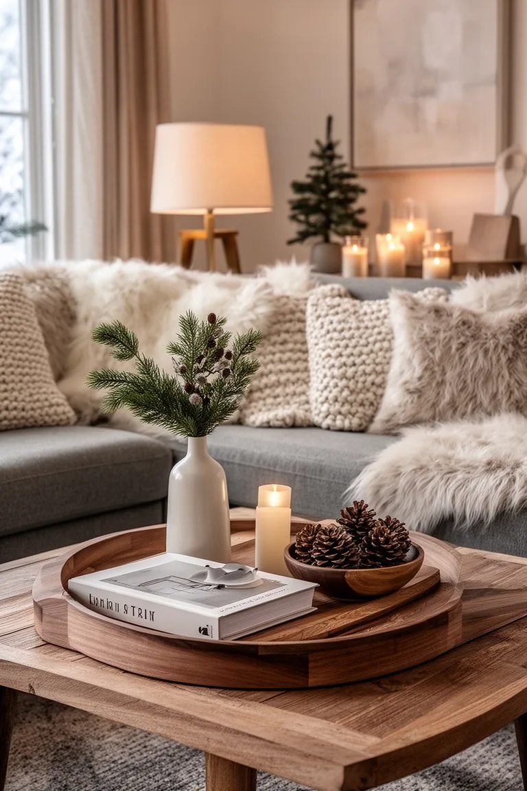 Intentional coffee table vignette with tray, book, bud vase and pinecones