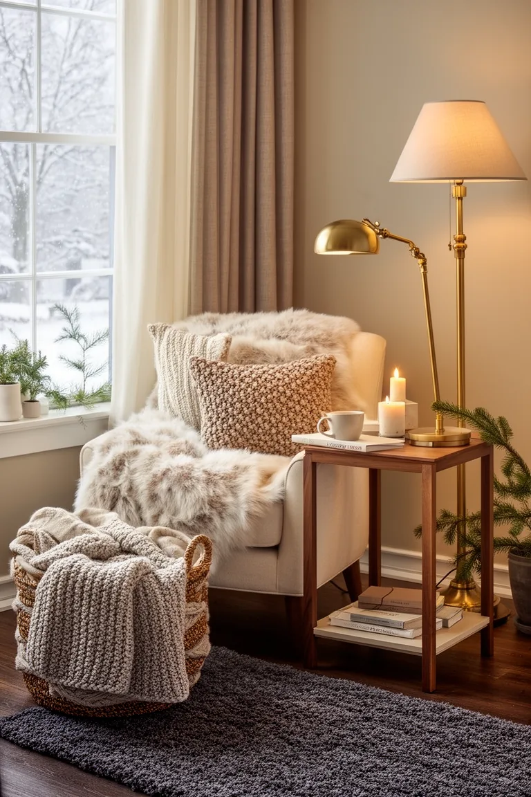 Cozy reading nook by a window with upholstered chair, throw basket and lamp