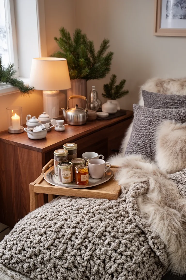 Calm tea and cocoa corner with mugs, tins and kettle on a wood sideboard