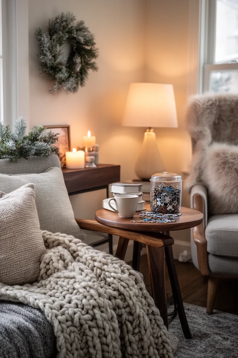 Quiet puzzle nook with bistro table, glass jar and softly glowing lamp