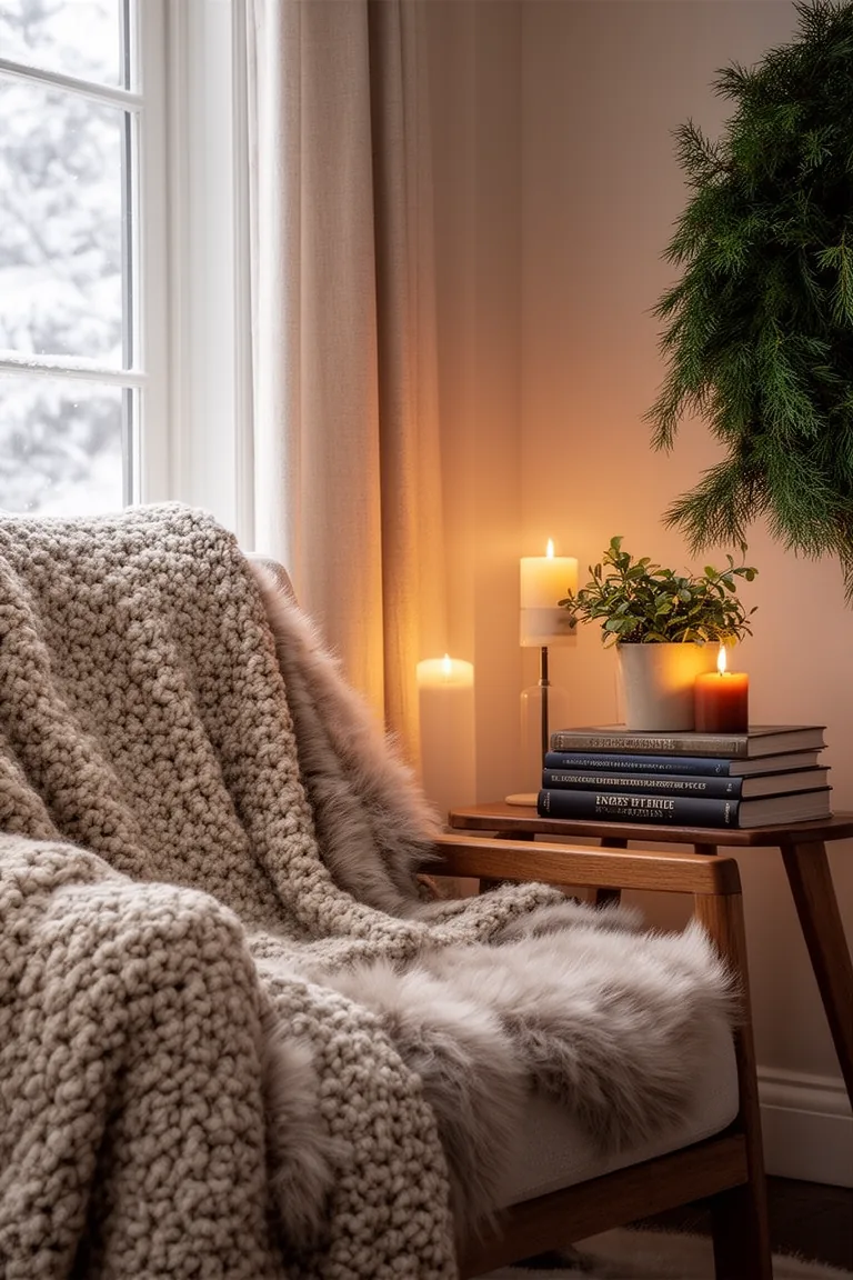 Snug window corner with knit throw, stacked books and a potted plant