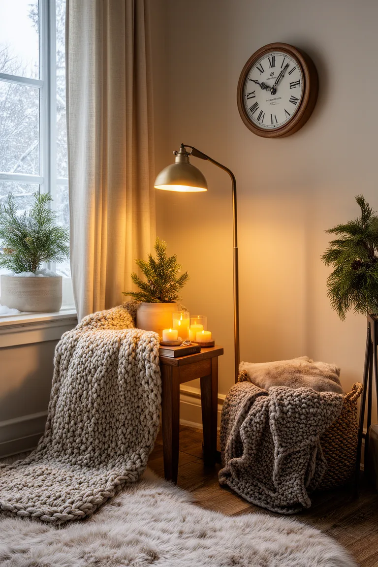 Serene reading corner with warm floor lamp, blanket basket and analog clock