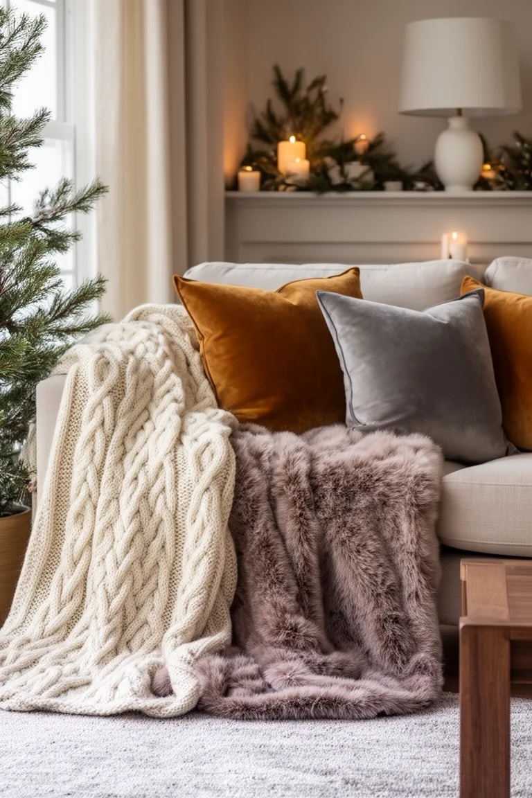 Cozy sofa layered with cable-knit throw, faux fur and velvet pillows in warm neutrals