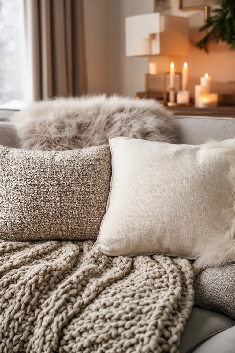 Closeup of layered boucle, knit and linen textures in cream and oatmeal
