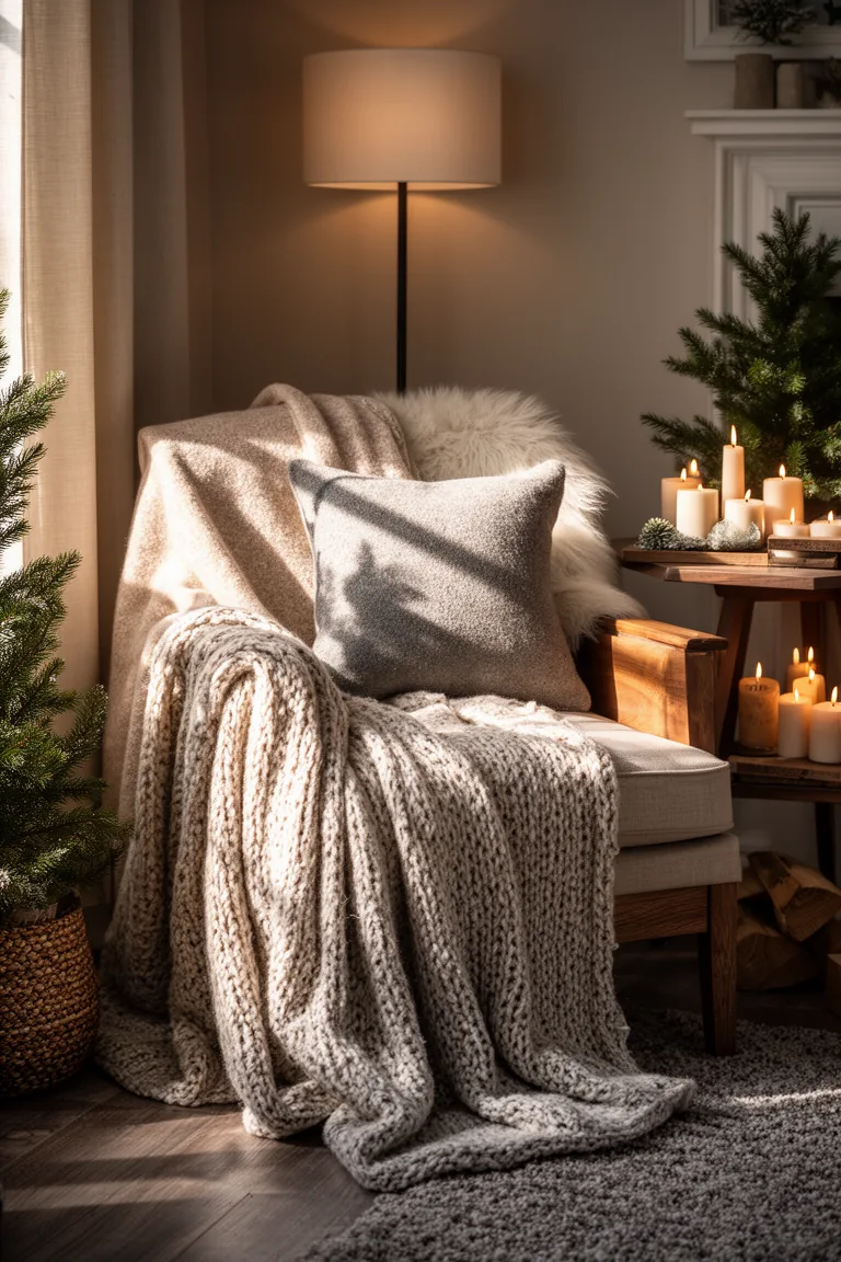 Armchair corner with wool blanket and felted pillow in warm winter light