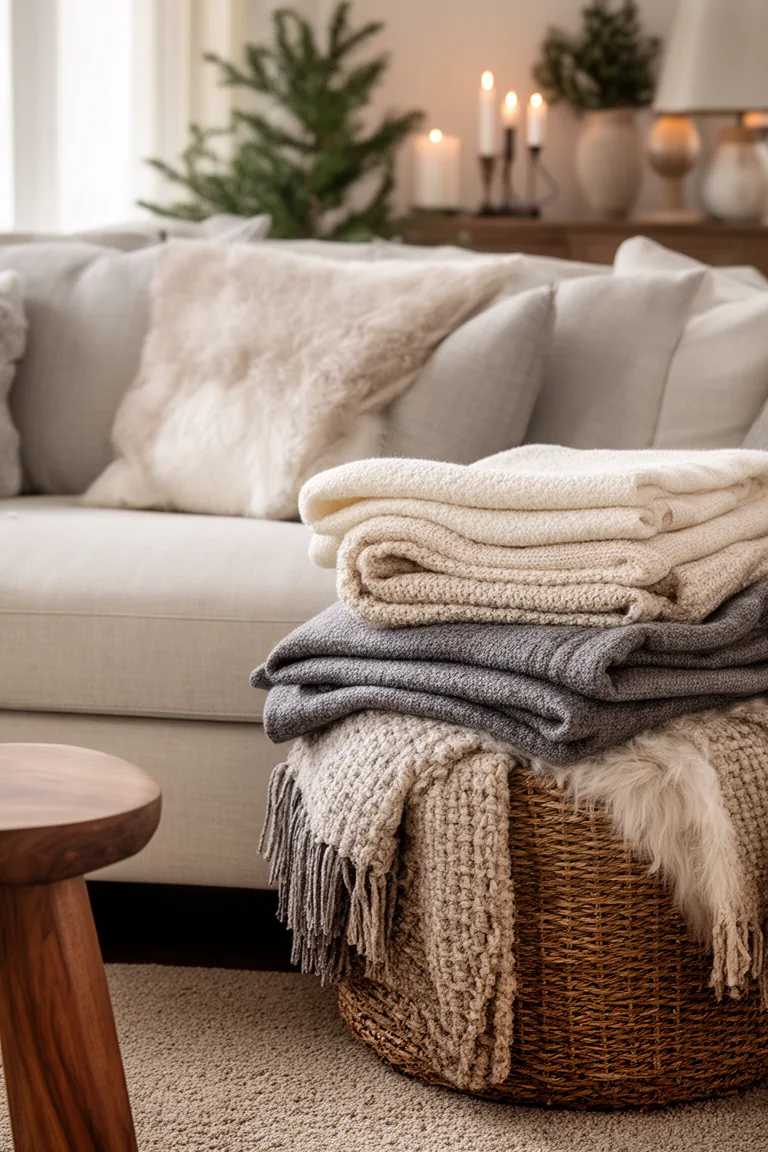Folded neutral throws in a woven basket beside a calm sofa