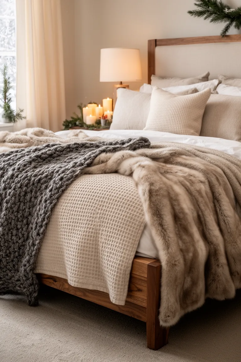 Bed end layered with waffle linen and faux fur in soft daylight