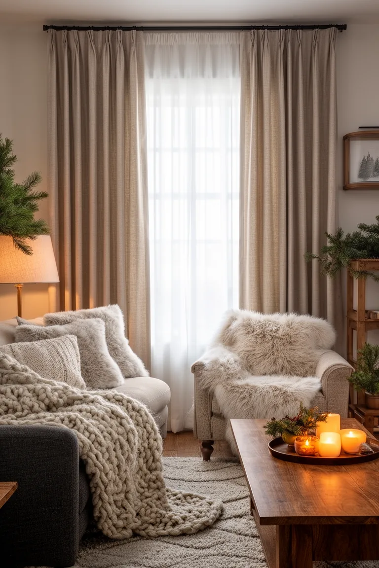 Living room window with warm greige drapes and layered sheers for a cozy look