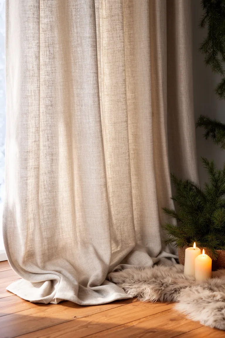 Heavy oatmeal linen curtains glowing softly in winter daylight