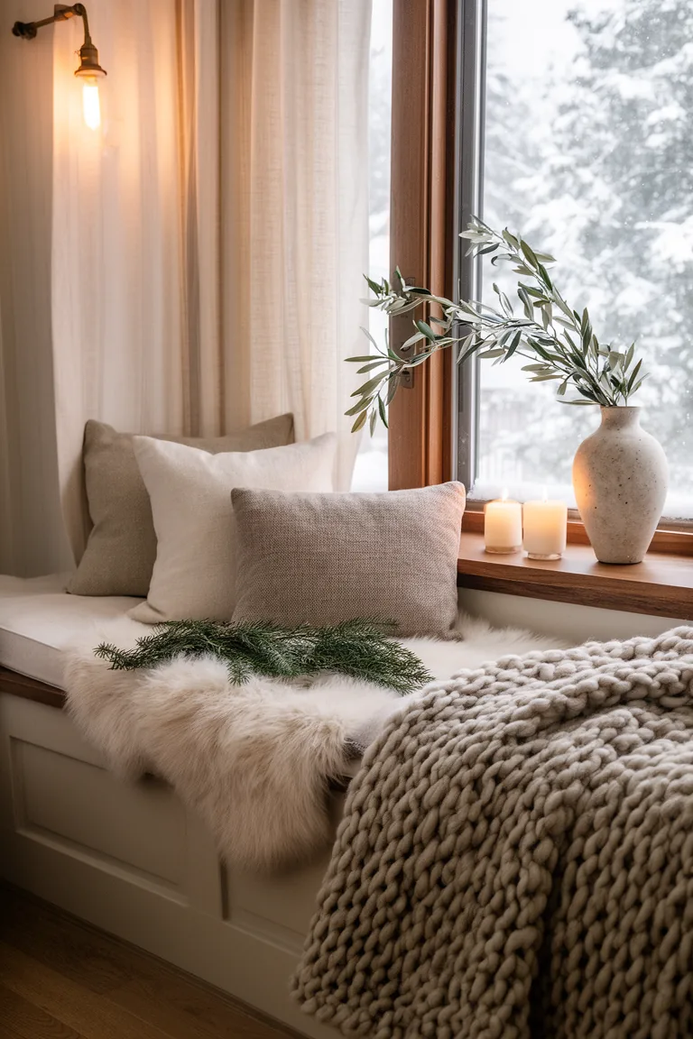Cozy window seat with knit throw and olive branch in a calm winter setting