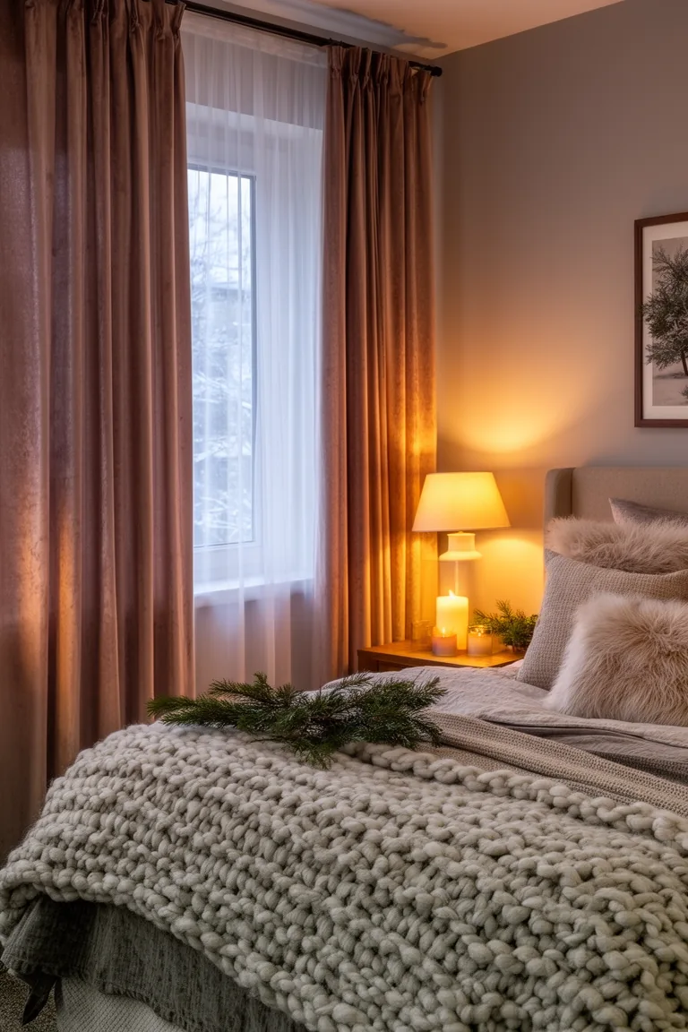Bedroom window with taupe velvet curtains and warm evening lamplight