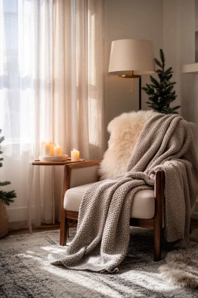 Soft sunlight through sheers onto a neutral reading chair with wool blanket