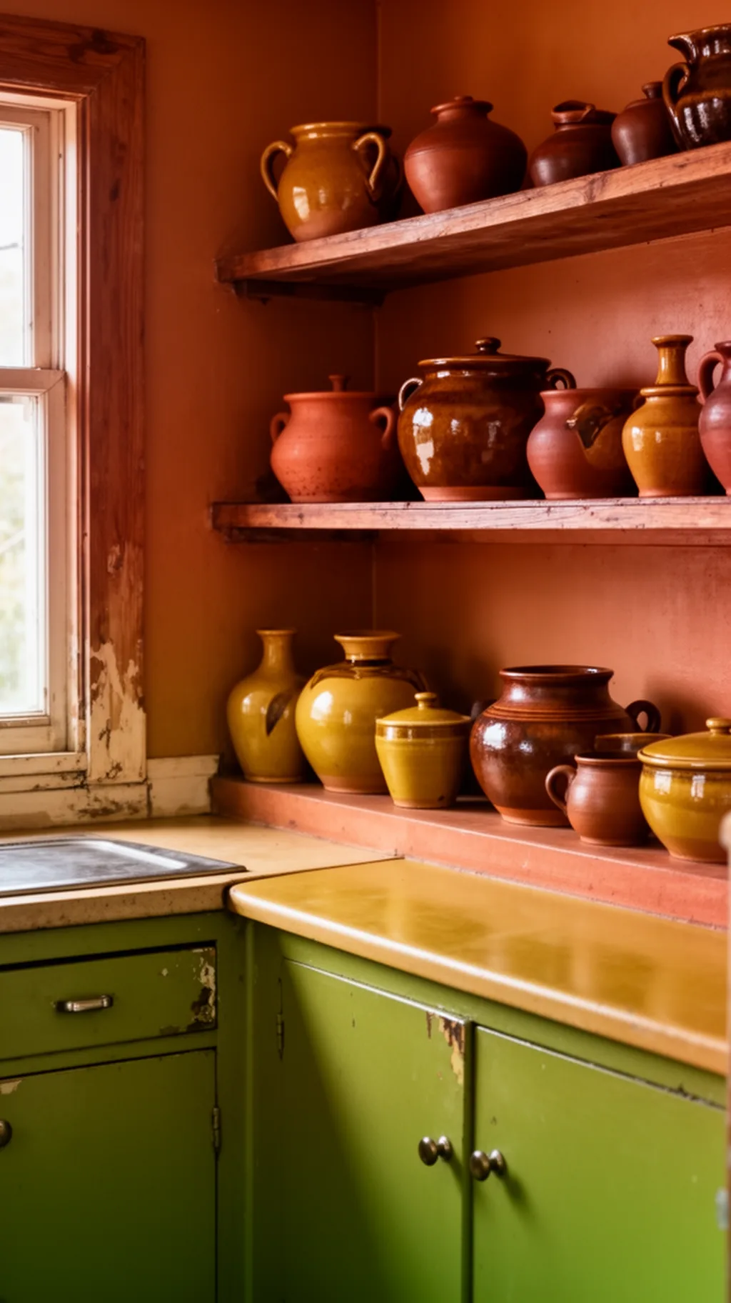 Shelf of earthy 1970s ceramic pottery in mustard and rust tones