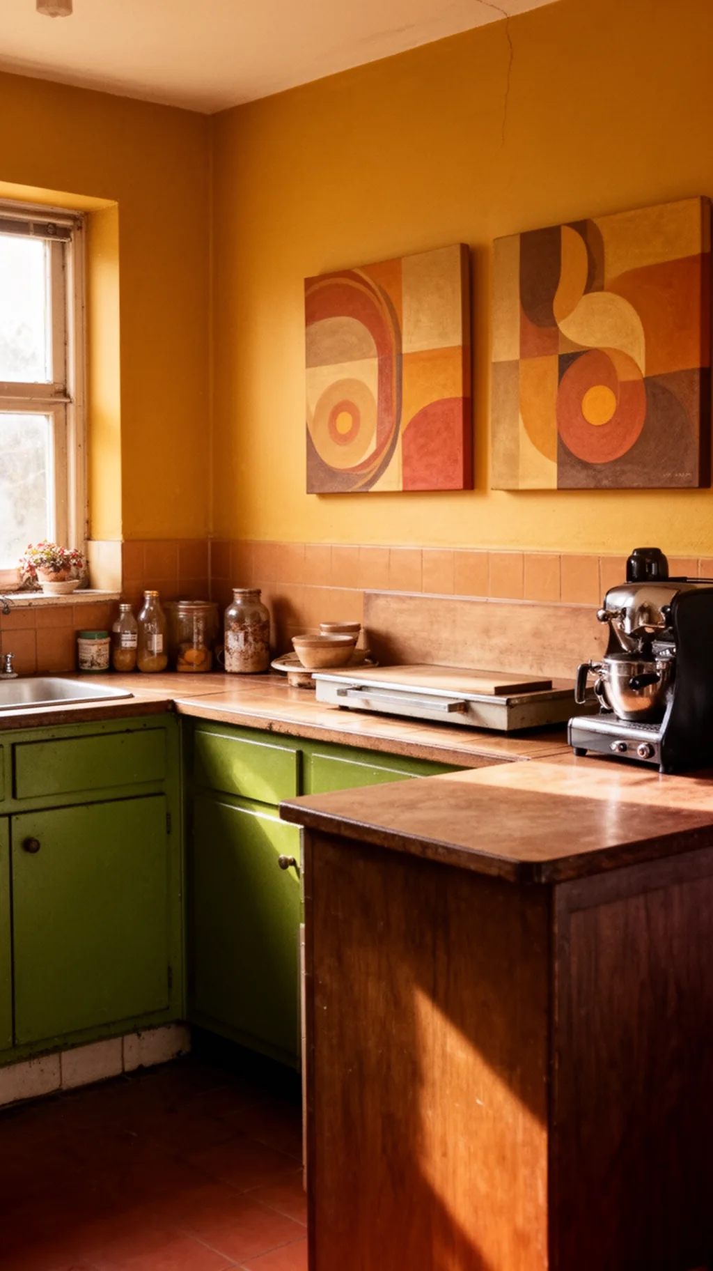 Abstract geometric 70s wall art above a kitchen counter