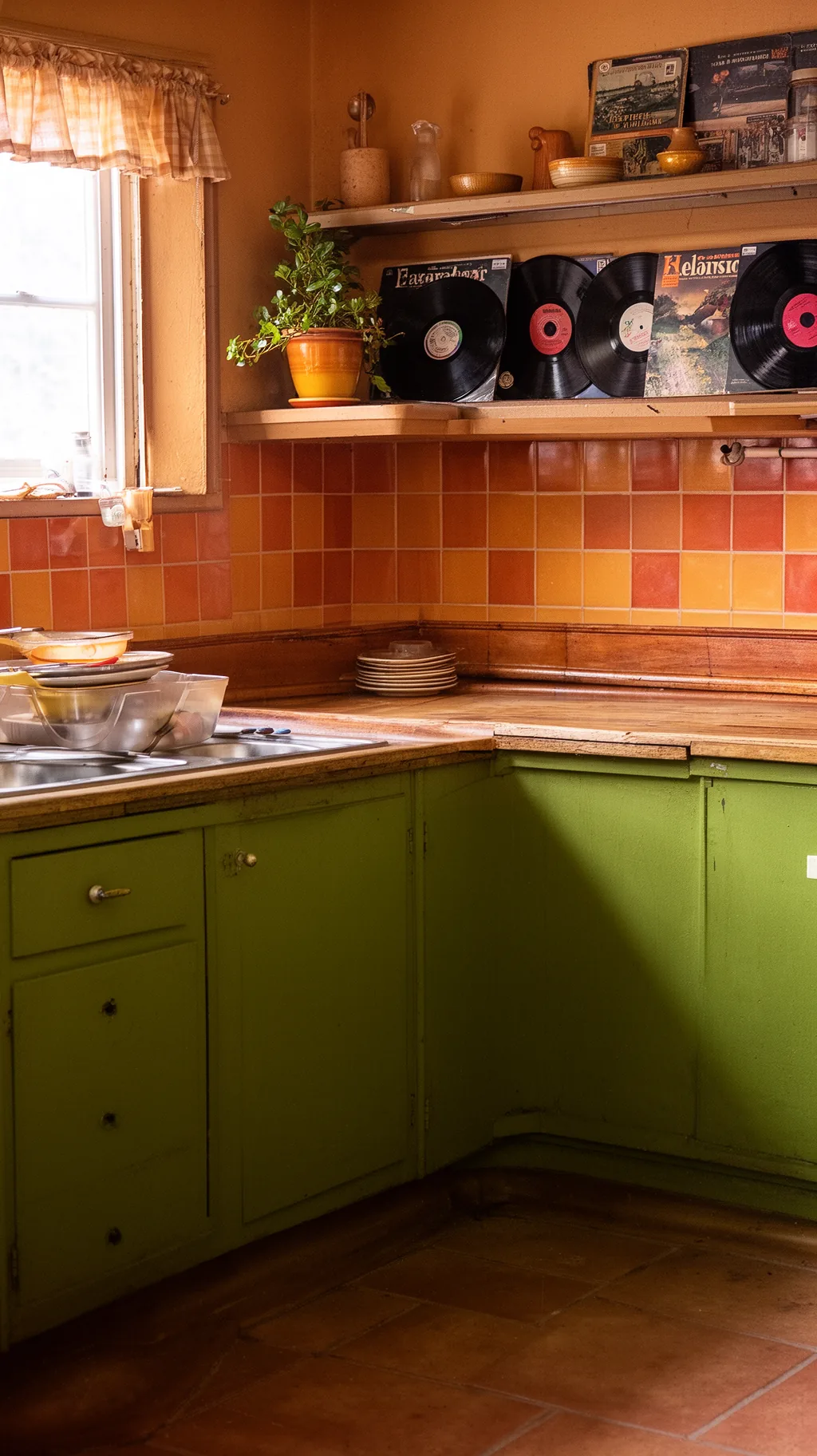 Vinyl records displayed on a kitchen shelf beside a plant