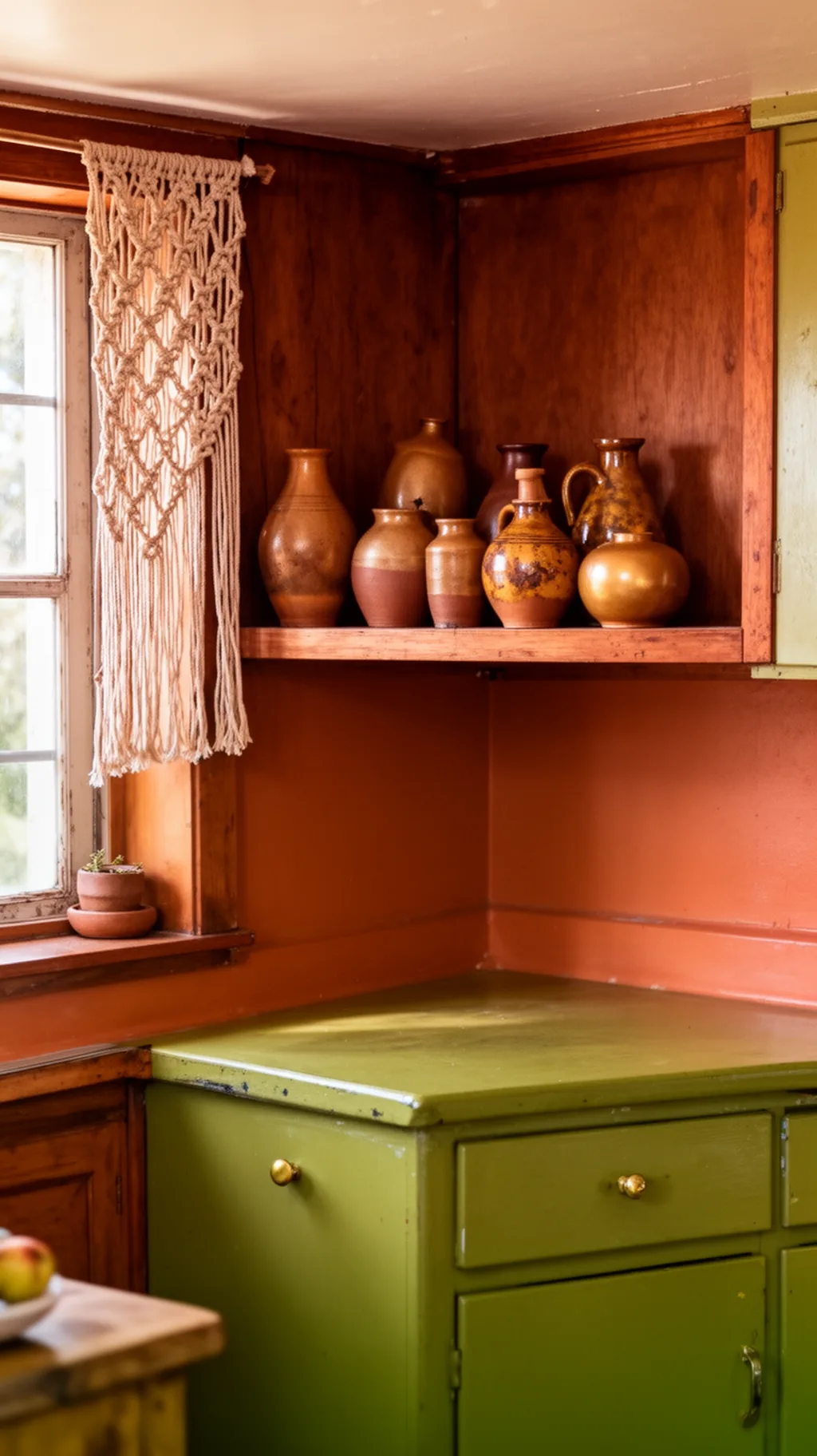 Macrame and ceramic vases styled on a wood open shelf