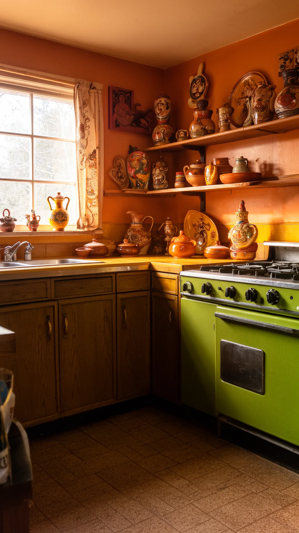Wide 70s kitchen corner with funky art and pottery styling