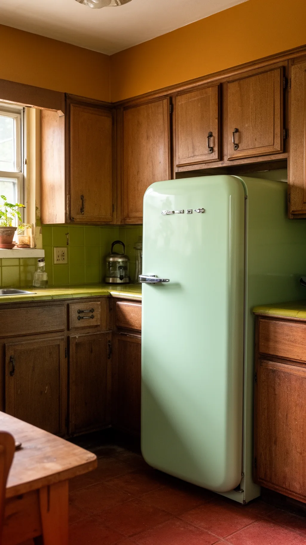 Mint-green retro refrigerator with rounded edges in a warm 70s kitchen