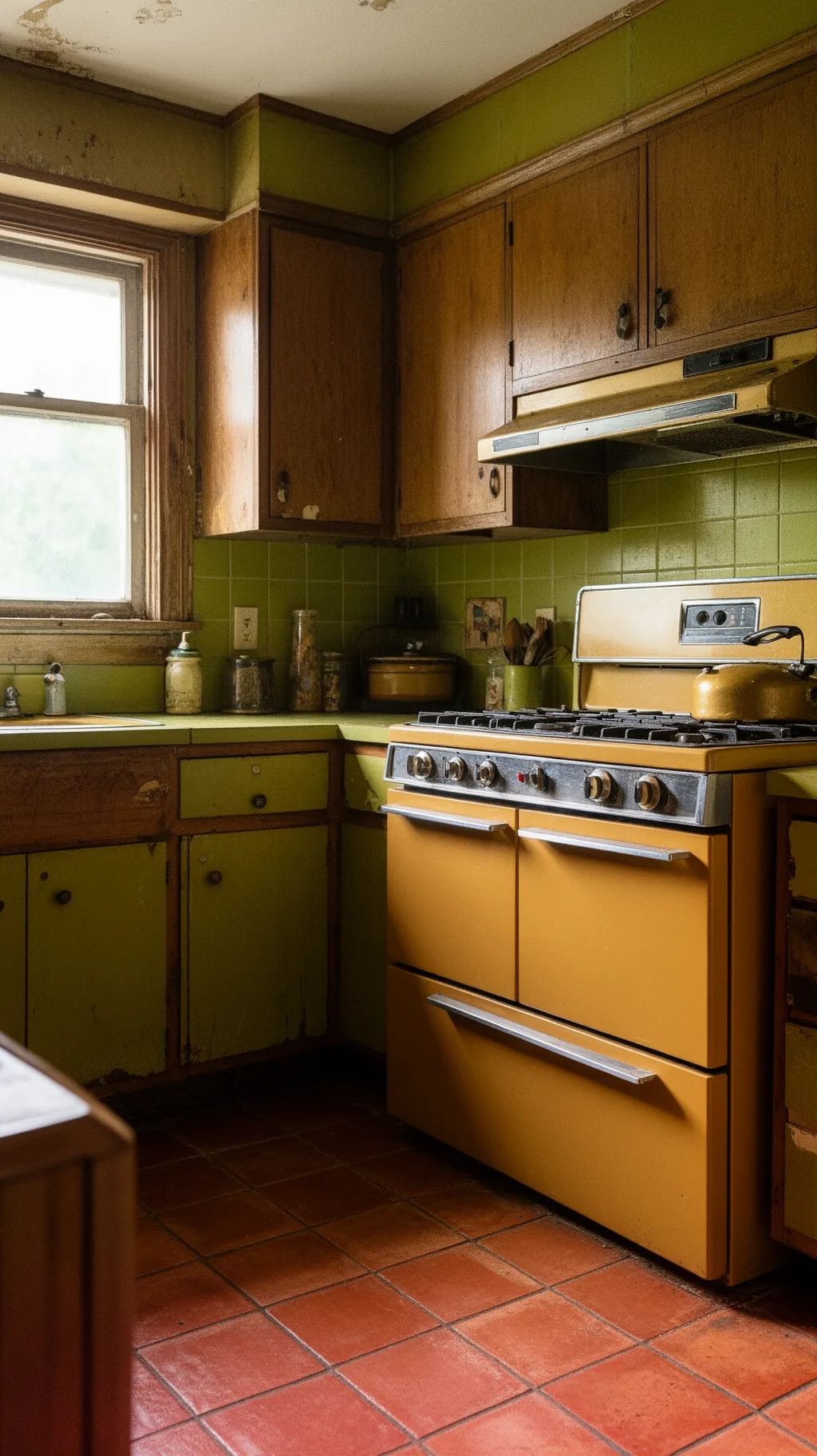 Harvest-gold retro-style range in a 1970s inspired kitchen