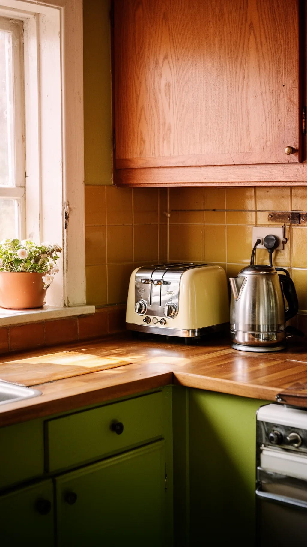 Cream retro toaster and kettle styled on a wood countertop
