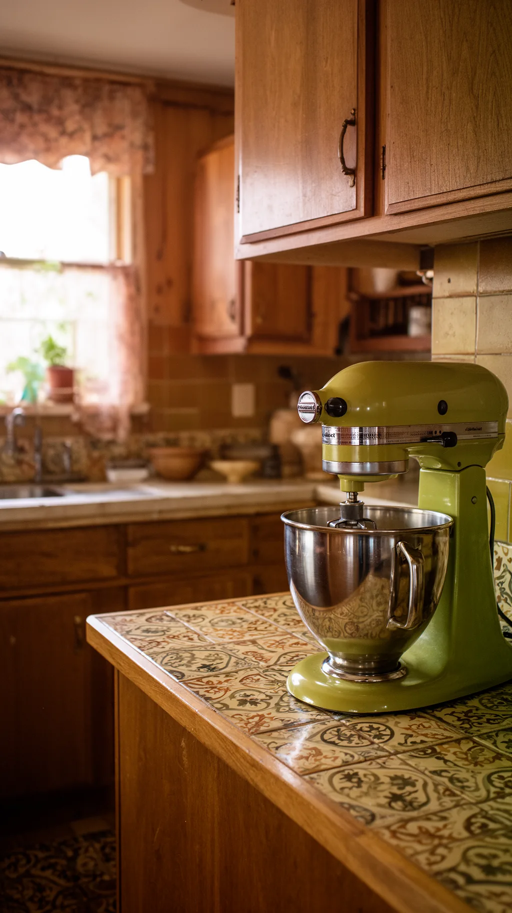Avocado-green stand mixer on a tiled 70s kitchen counter