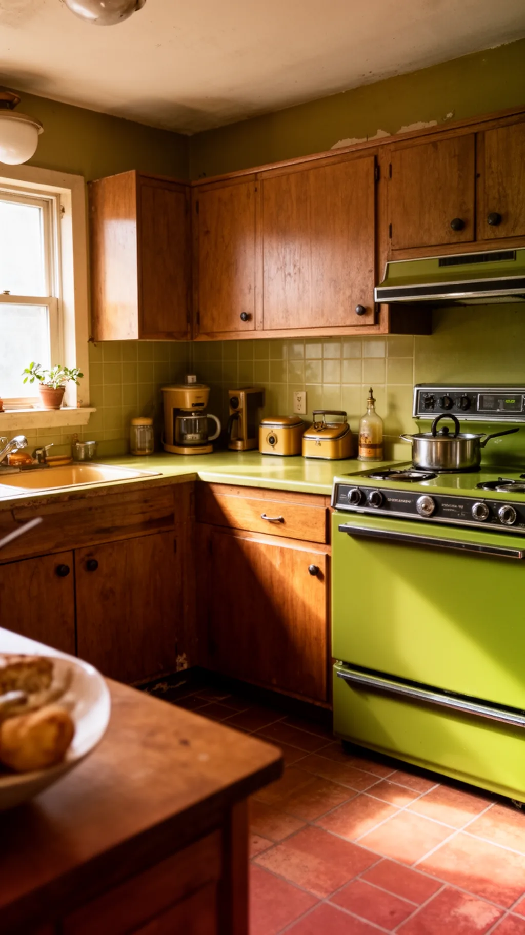 Wide view of a 70s kitchen with coordinated retro appliances