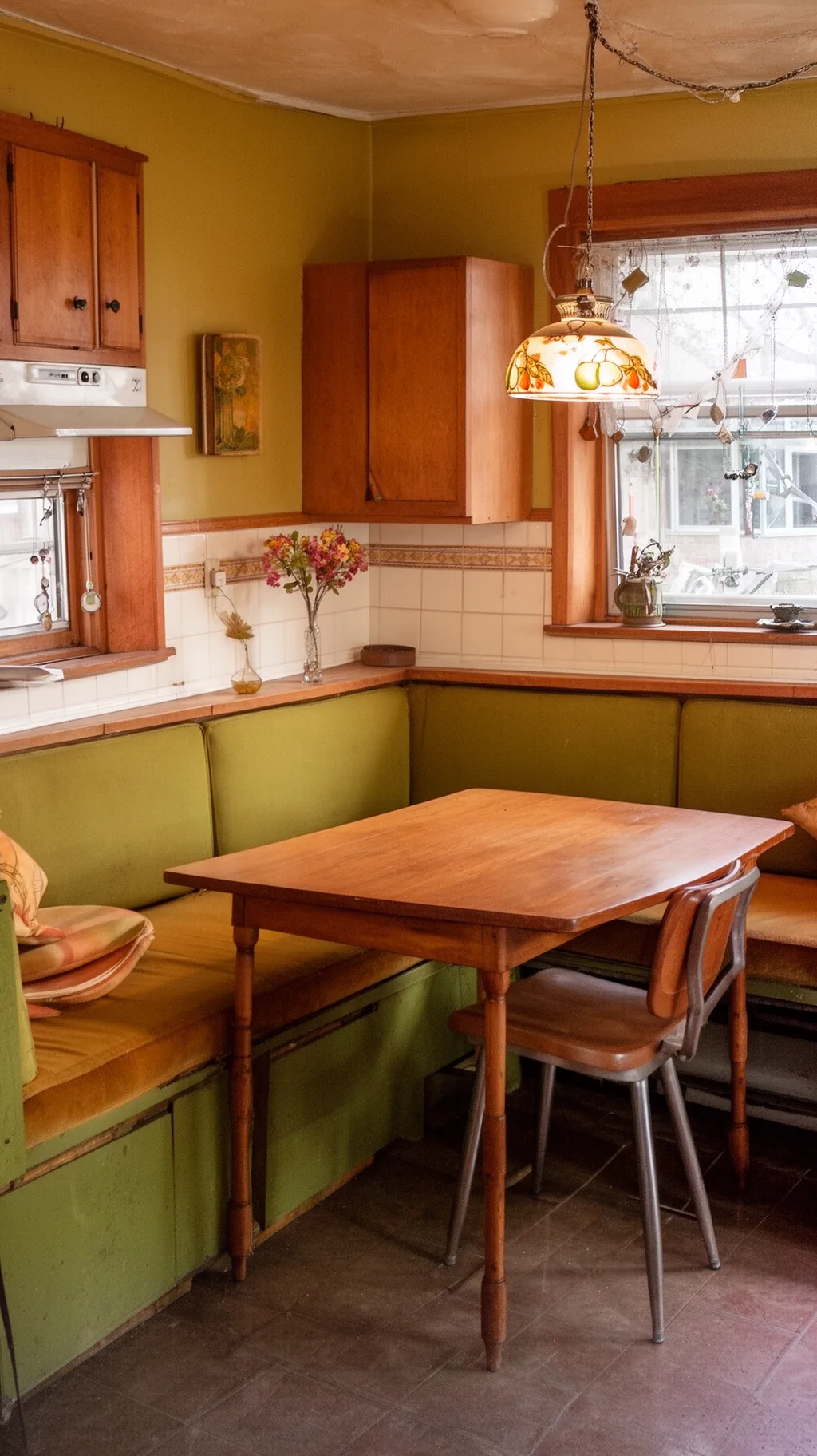 Built-in breakfast nook with cushioned bench and wood table