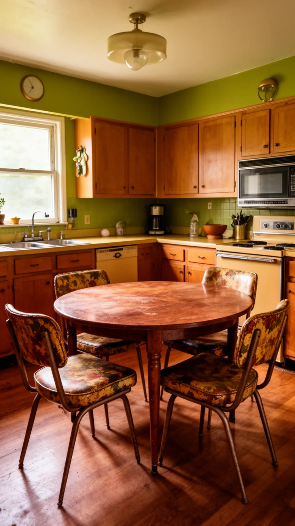 Mismatched retro dining chairs around a round table