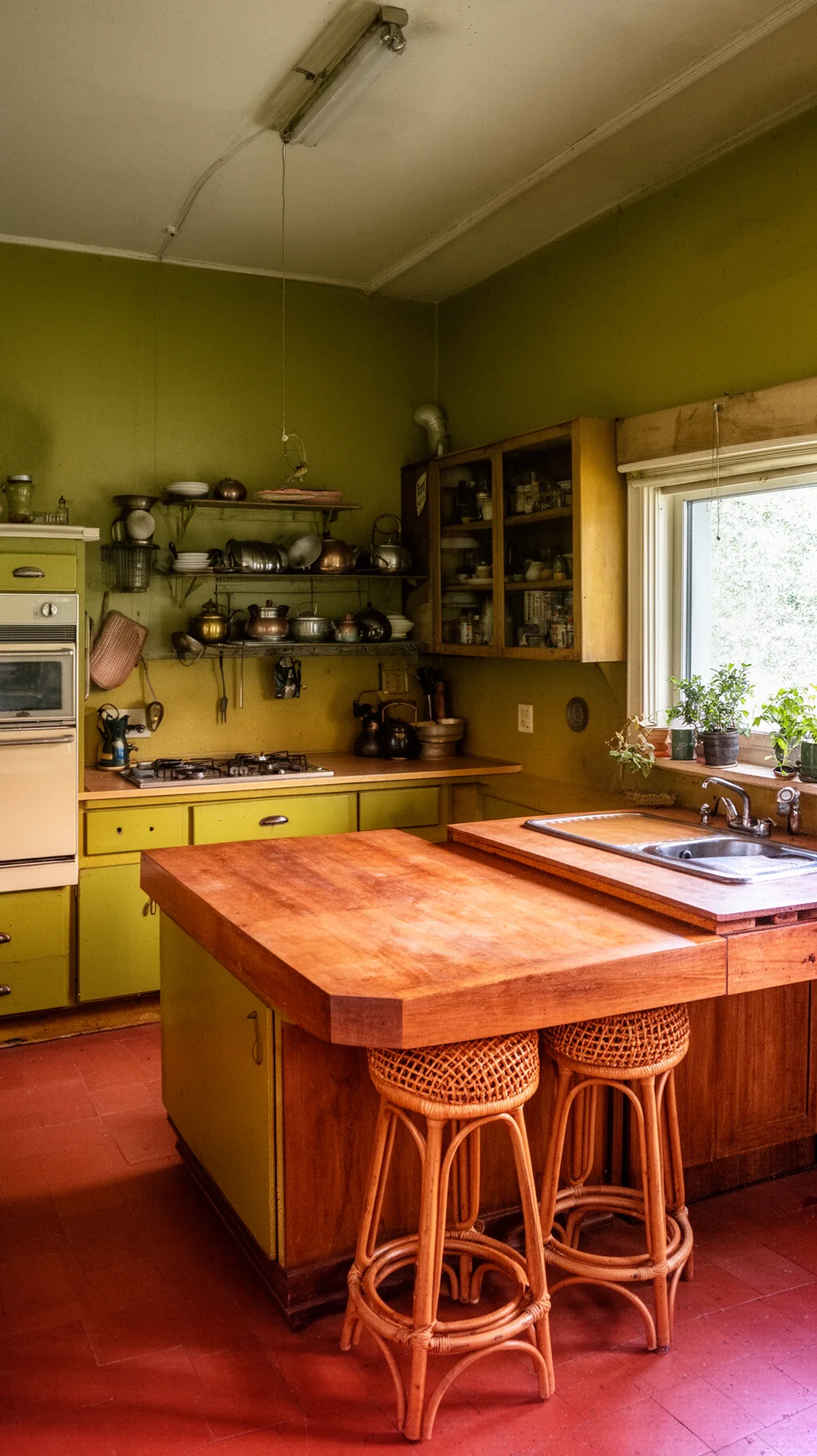 Rattan bar stools at a 70s kitchen island