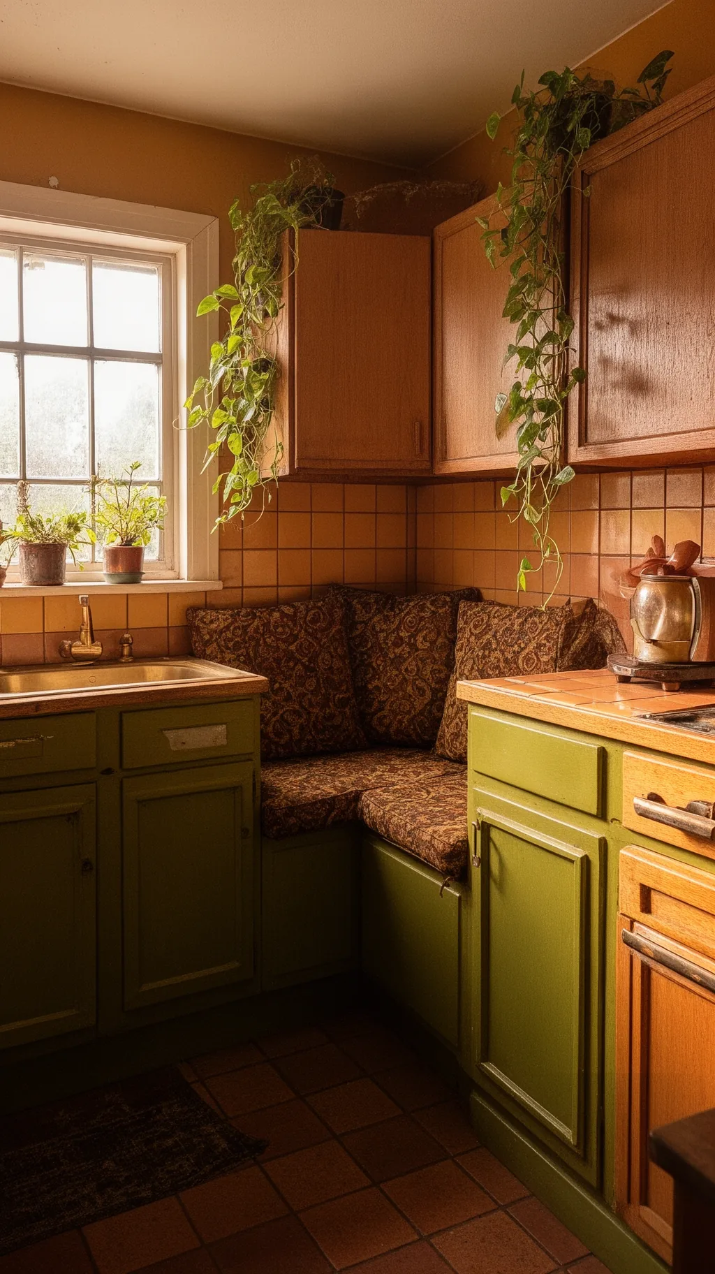 Corner banquette with patterned cushions and plants