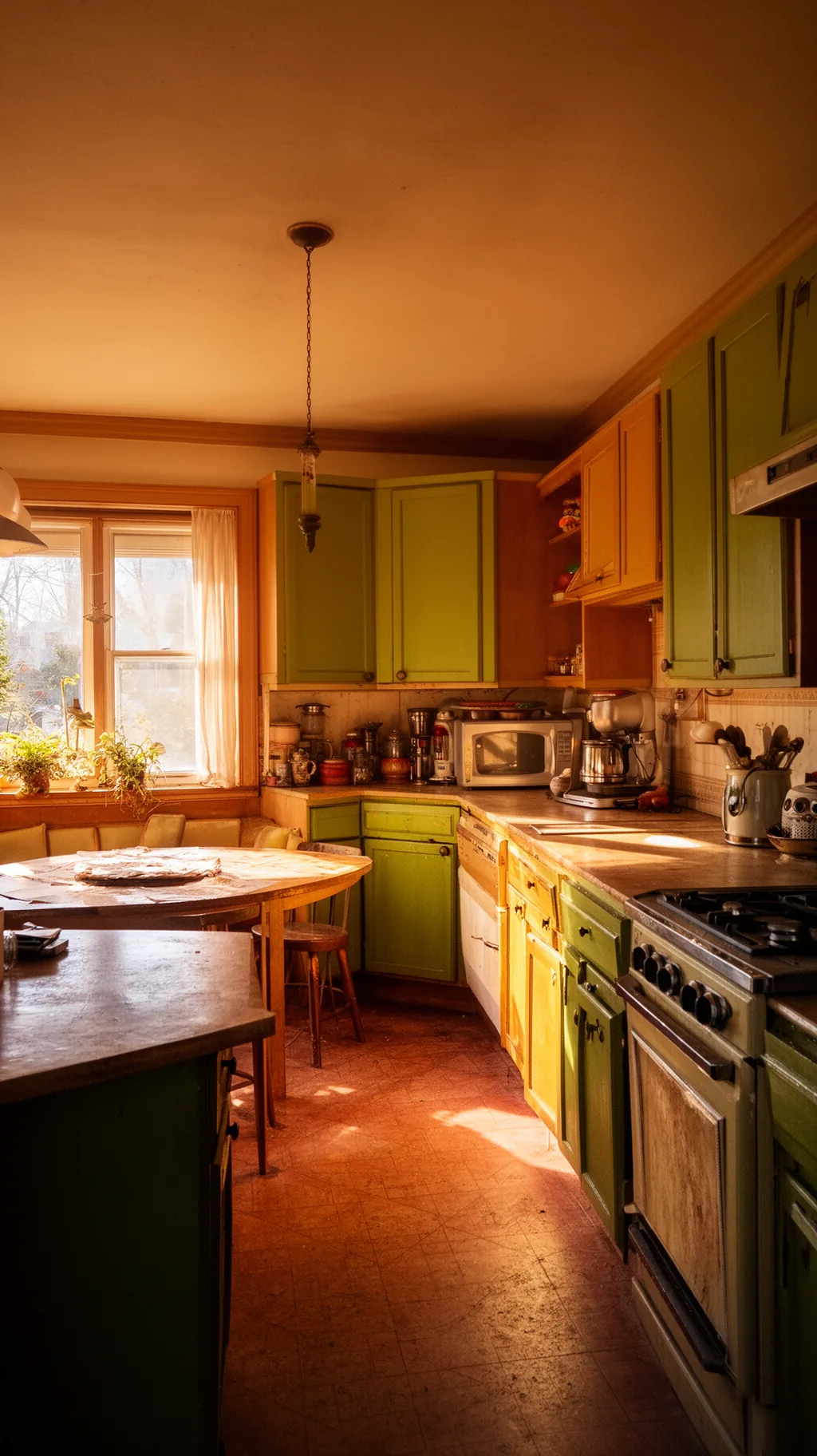 Wide breakfast nook in warm afternoon light