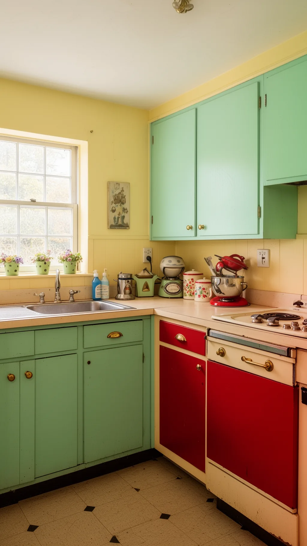 Flat-front cabinets painted mint green with brass hardware
