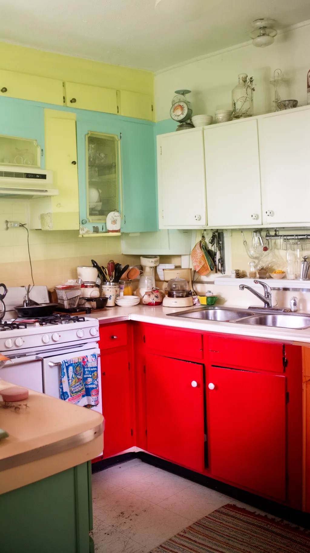 Cherry-red lower cabinets with white uppers