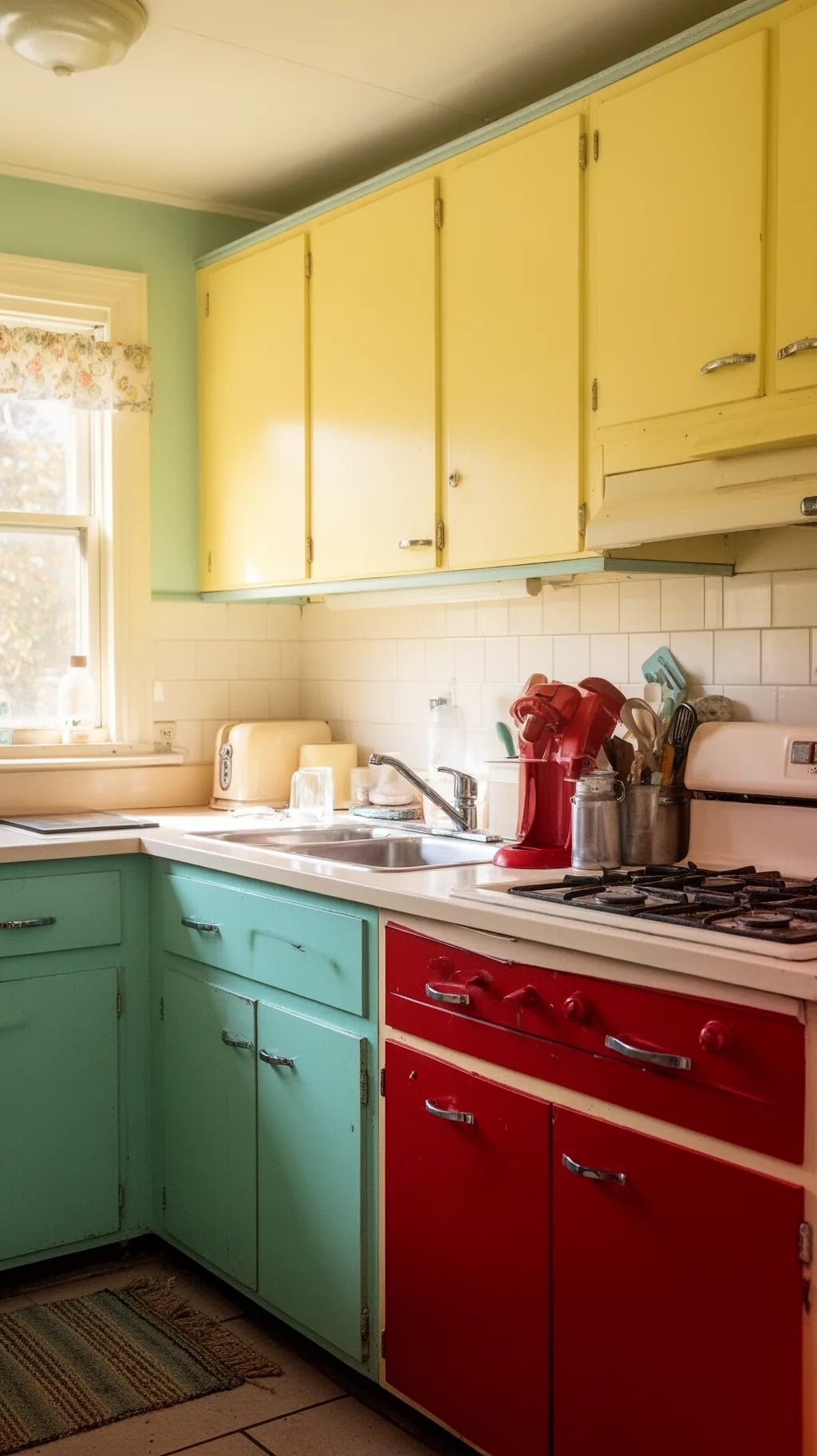 Butter-yellow cabinets with chrome pulls
