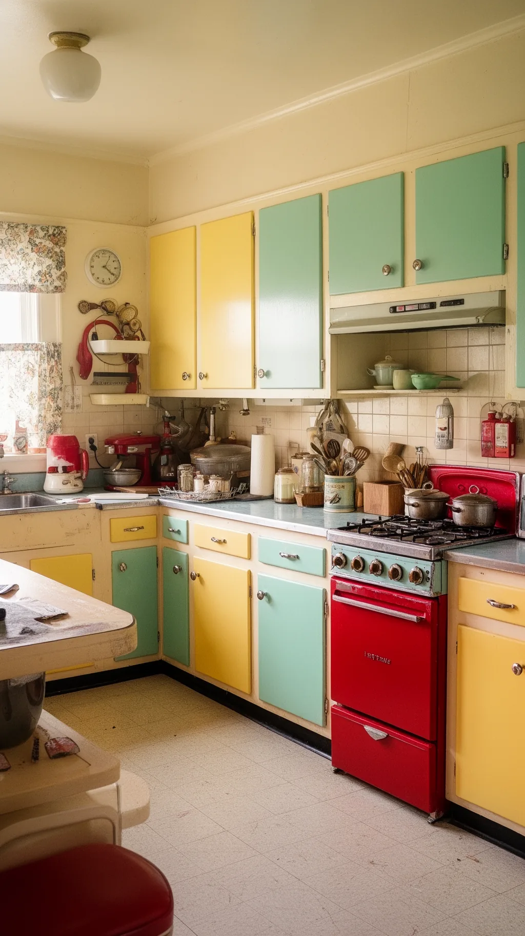 Wide retro kitchen with freshly painted colorful cabinets