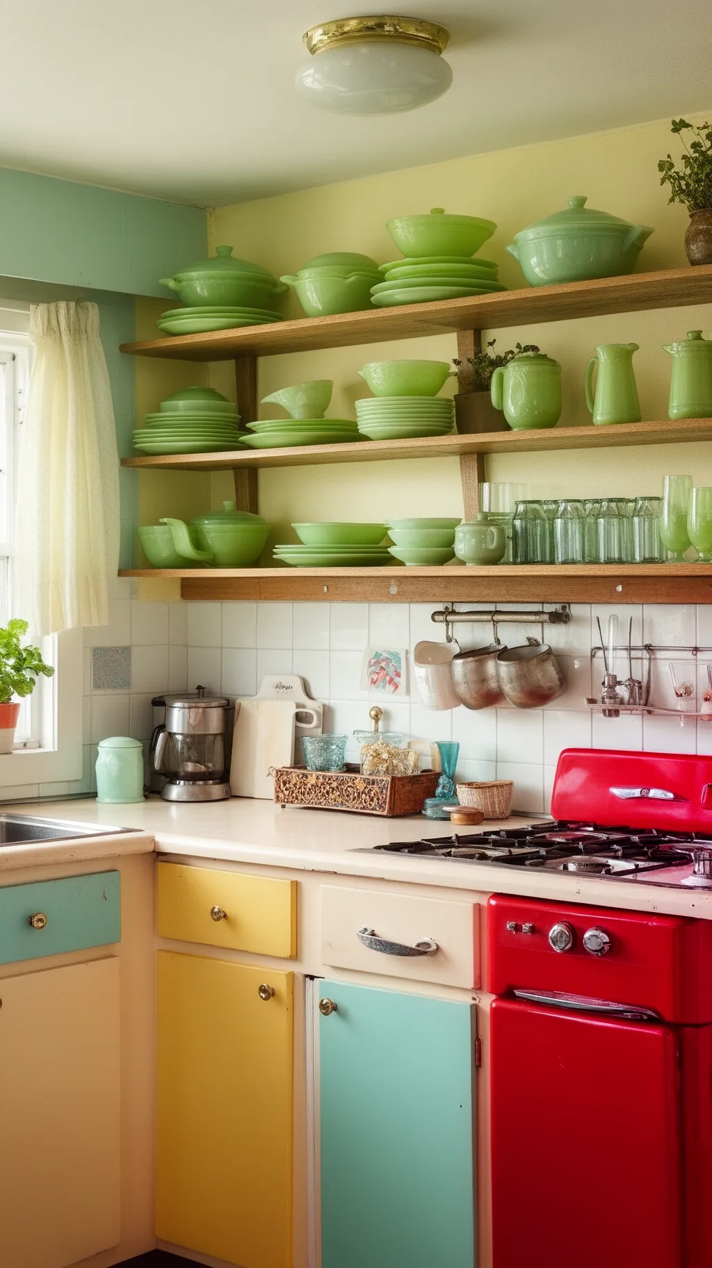 Open wood shelves styled with jadeite-green dishware