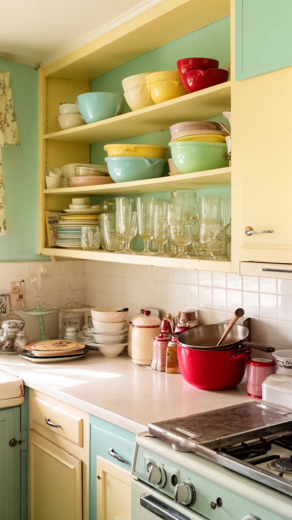 Open shelf with pastel mixing bowls and vintage glassware