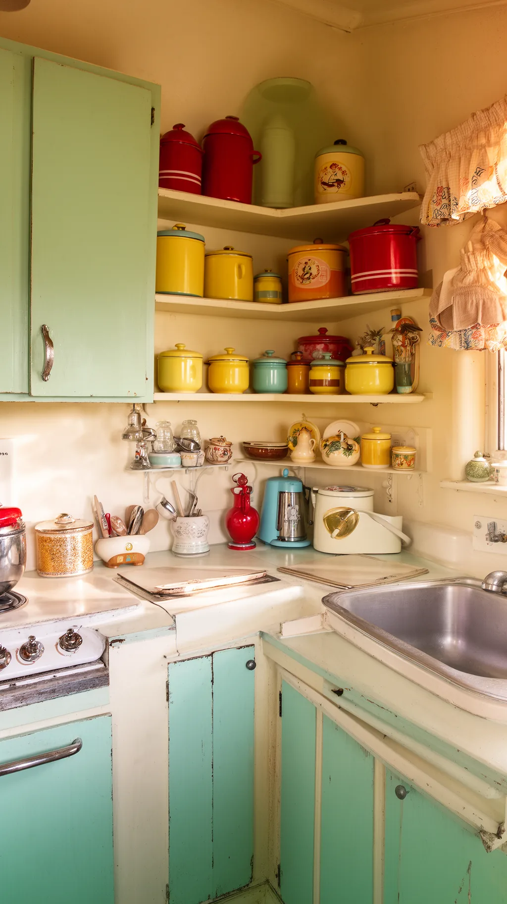 Floating shelves with retro canisters and ceramics