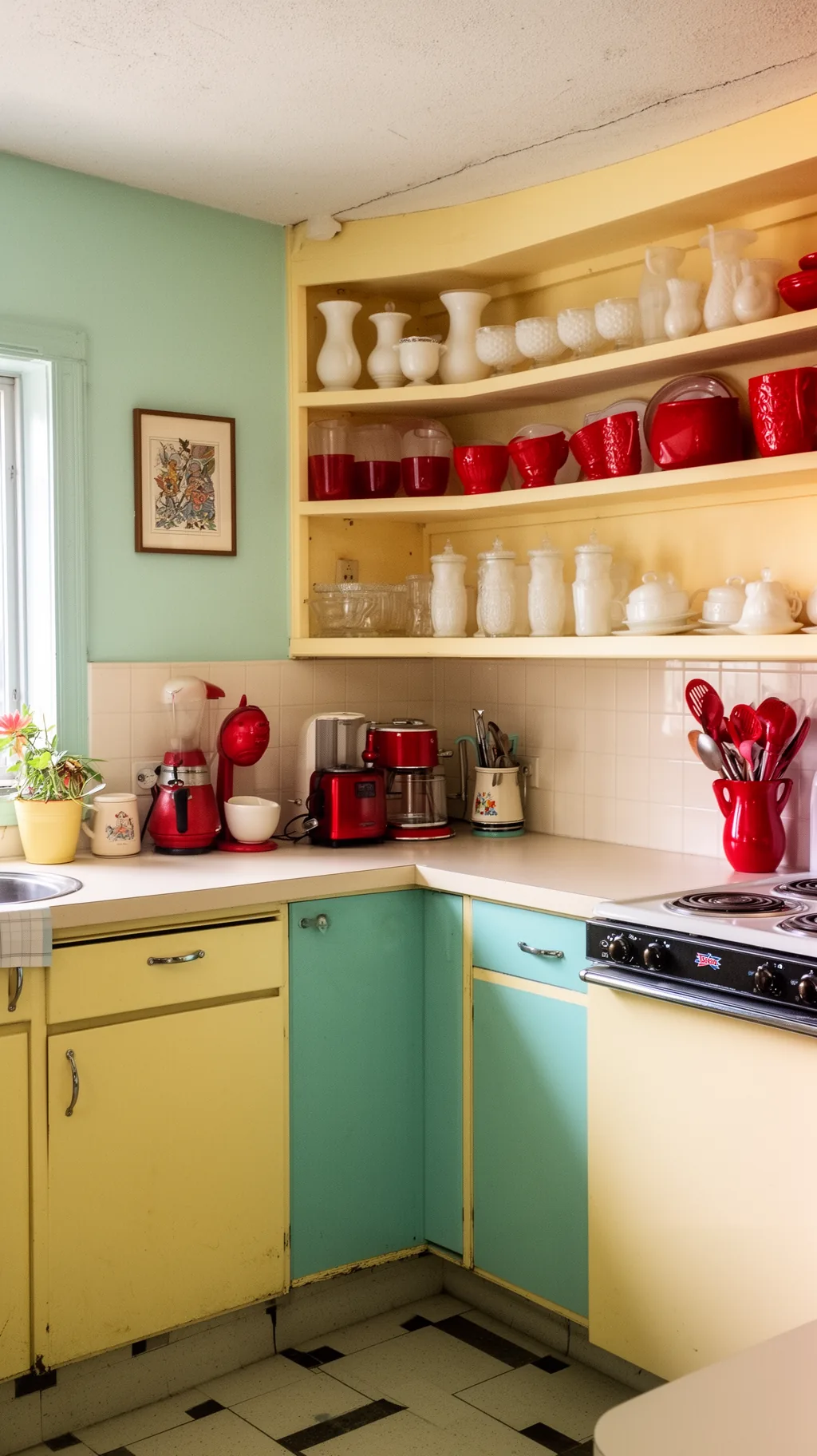 Open shelving with milk glass and cherry-red accents