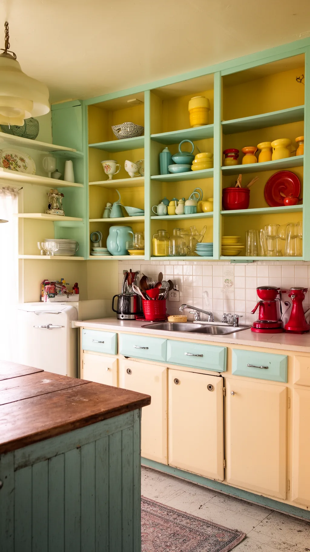 Wide kitchen wall of open shelves curated by color