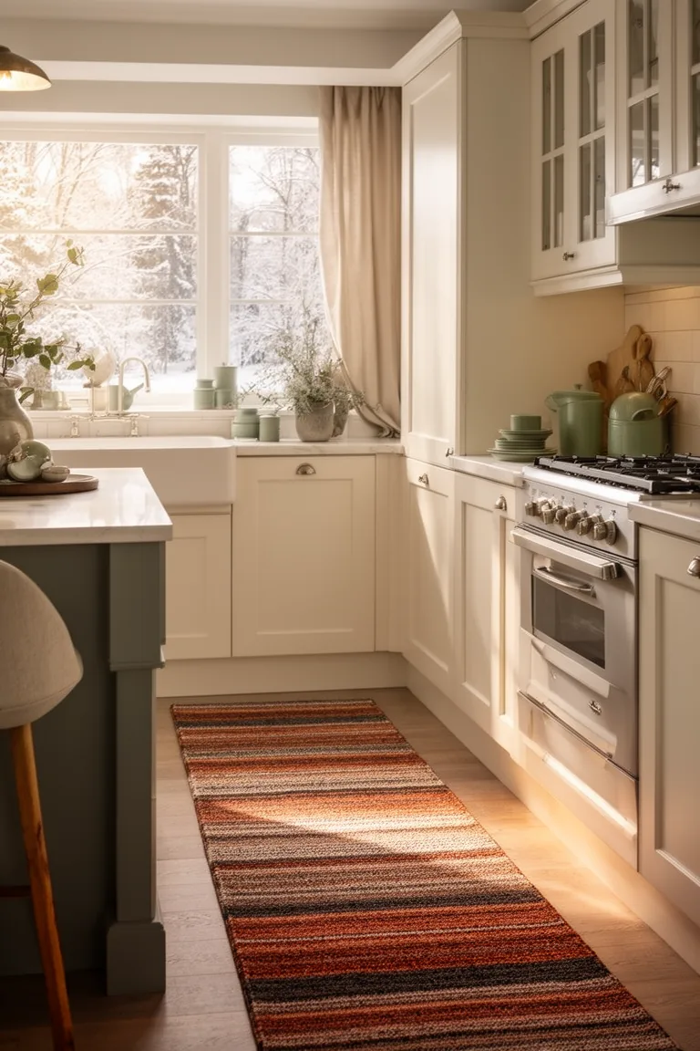 Washable low-pile kitchen runner in earthy rust, oatmeal and charcoal