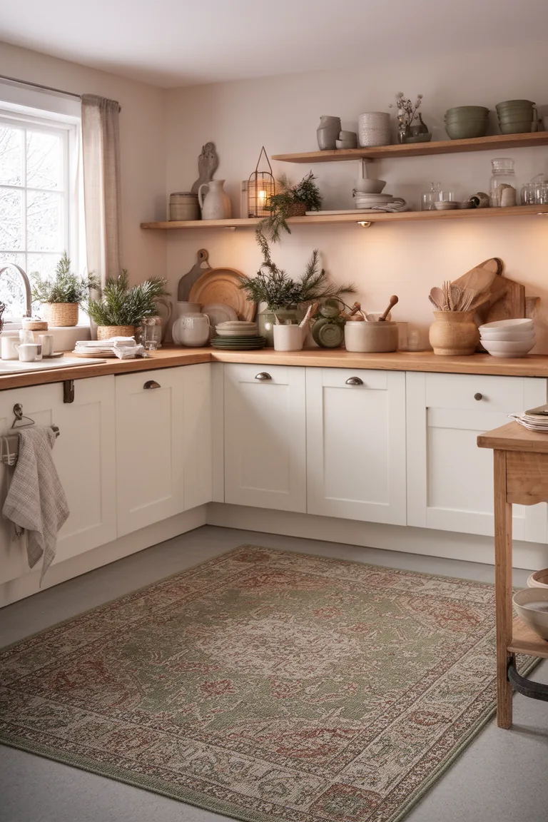 Vintage-style sage and rust patterned rug softening a winter kitchen floor
