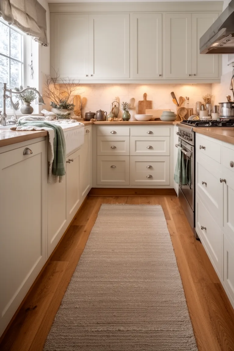 Cozy kitchen floor with a soft runner, warm wood toe-kicks and winter daylight
