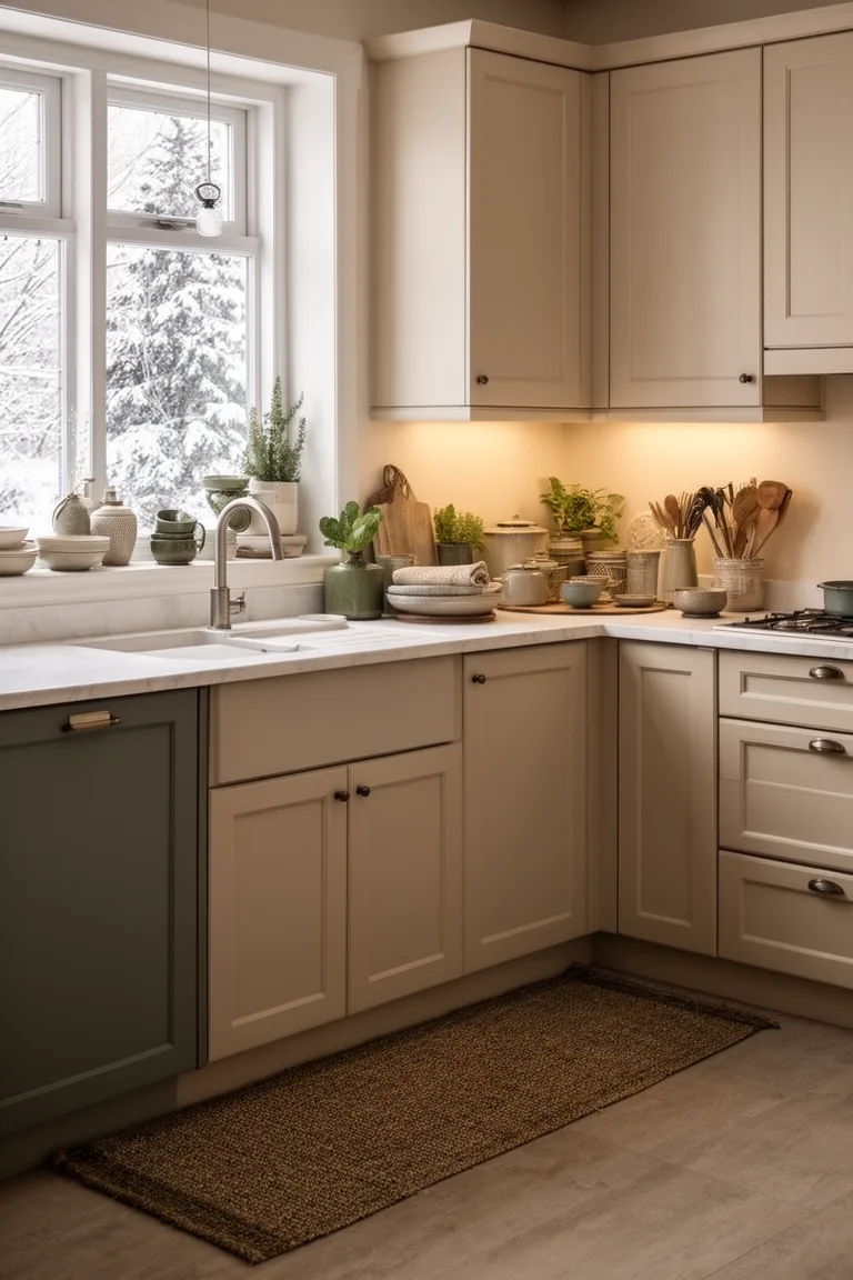 Low-pile earthy runner in front of a kitchen sink with warm neutral cabinetry