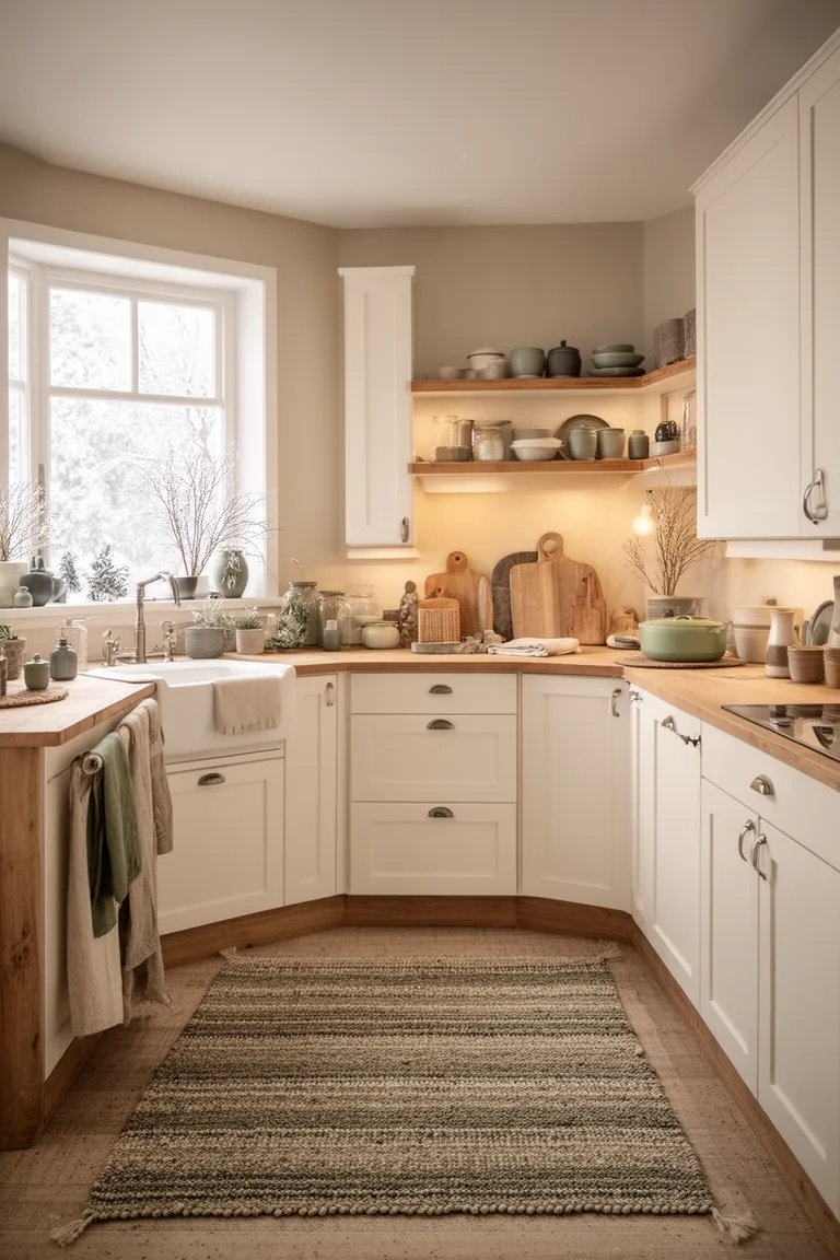 Textured washable rug in muted earth tones in a calm neutral winter kitchen